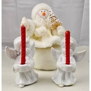 Vintage Russ Berrie Christmas Decor Plush Snowman Angels Candle Holders Set